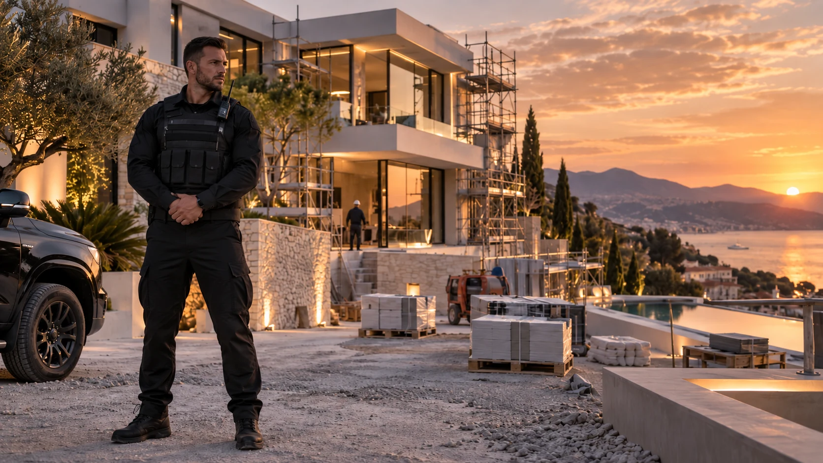 Agent M2S Sécurité devant une villa haut de gamme en rénovation avec vue mer