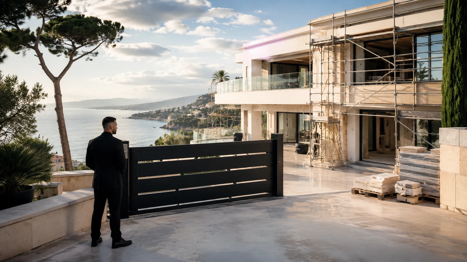 Agent M2S Sécurité devant une villa haut de gamme en rénovation avec vue mer