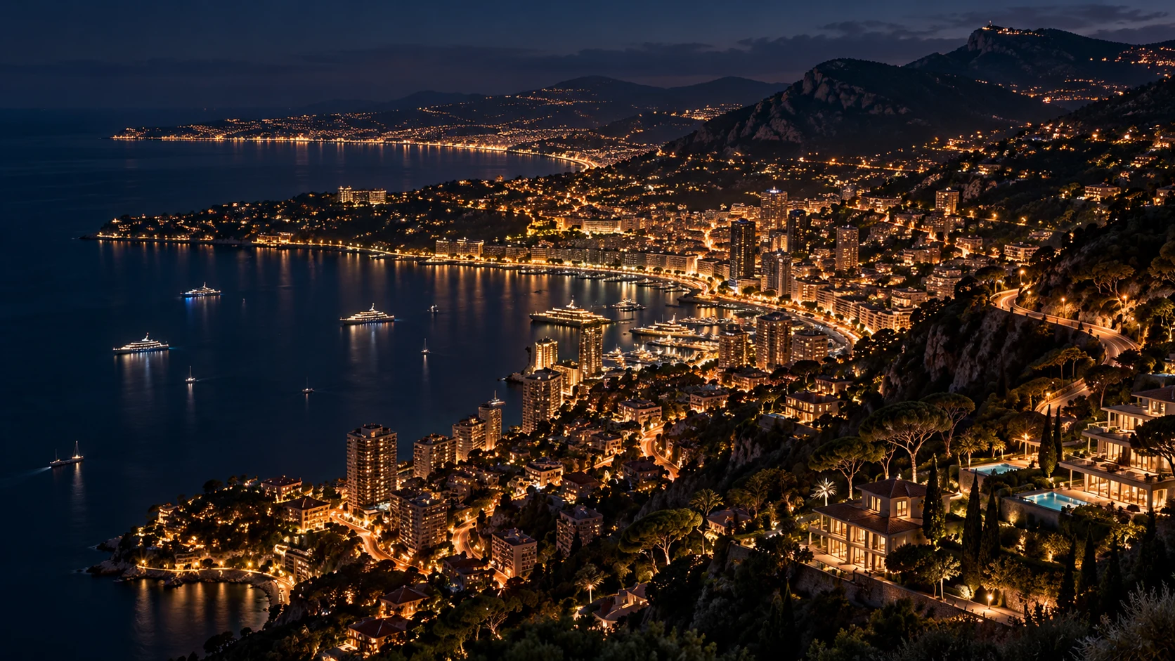 Aerial night view of the French Riviera and its lights