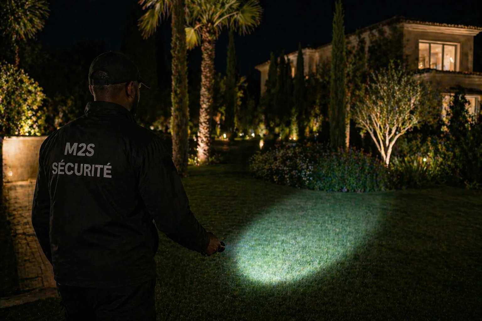 Agent M2S Sécurité effectuant une ronde de nuit dans le jardin d’une villa