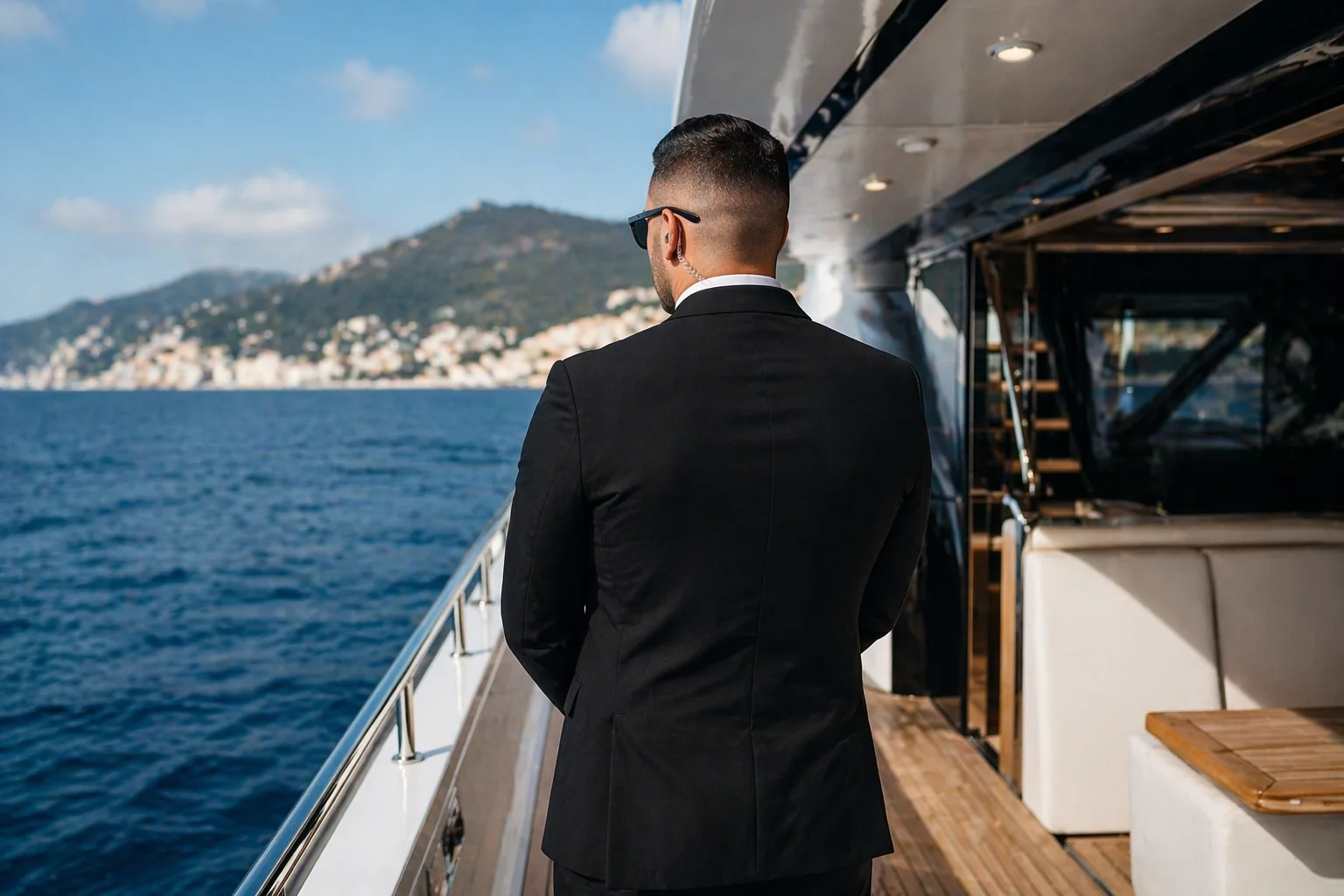 Agent de sécurité en costume sur le pont d’un yacht